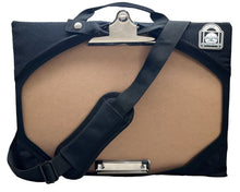 Load image into Gallery viewer, A 11x17 clipboard jacket field bag with 2 metal clips. It includes a shoulder strap and a handle for carrying.