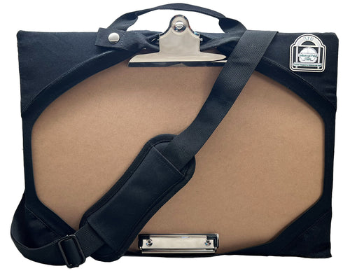 A 11x17 clipboard jacket field bag with 2 metal clips. It includes a shoulder strap and a handle for carrying.